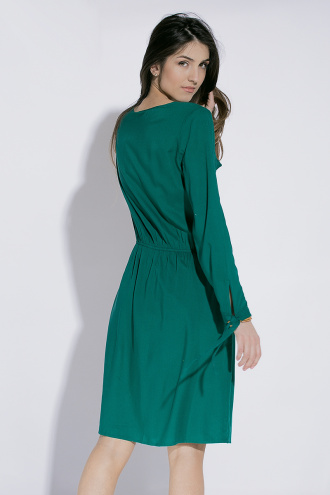 Дамска рокля в петролен цвят с етно-бродерия и връзки