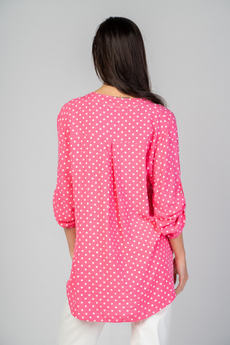 Дамска широка блуза тип туника в розово с принт бели точки