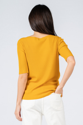 Дамска блуза в жълто с 3/4 ръкав и рипсена материя