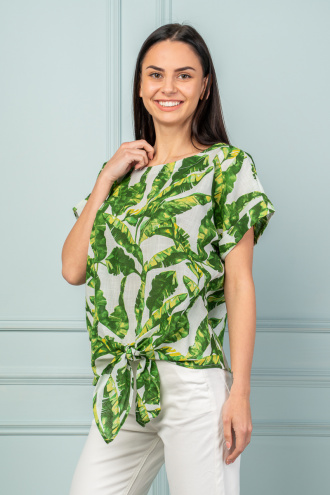 Дамска блуза в бяло с връзване отпред и принт зелени листа