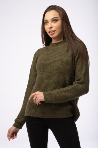 Дамски пуловер в цвят милитъри полуполо с реглан ръкав