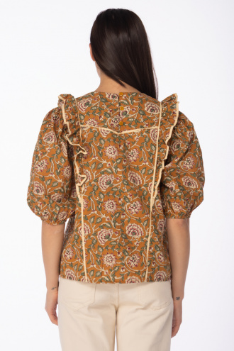 Дамска блуза в цвят горчица с флорален принт и харбали
