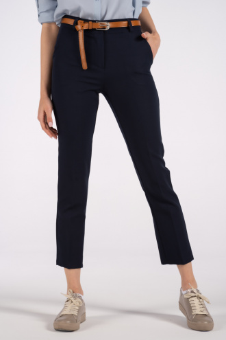 Дамски панталон в тъмносиньо с италиански джоб, кожен колан и ръб отпред