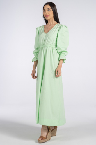 Дълга рокля от памук в ментово зелено с набор на талията