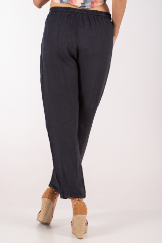 Дамски панталон от лен в тъмносиньо с ластик и връзка в талията
