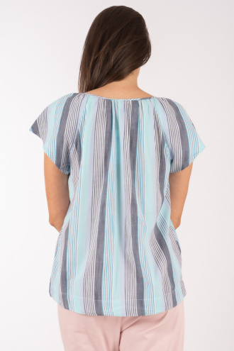 Дамска блуза от памук в цвят тюркоаз с вертикално райе в сиво