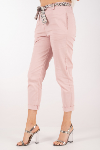 Дамски панталон от памук в светлорозово с ластик на талията и цветен колан