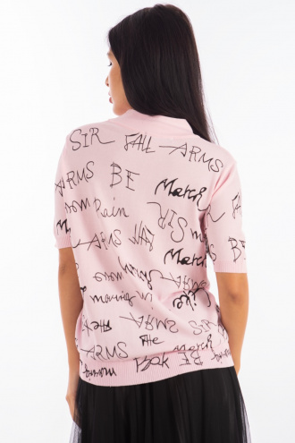 Дамска блуза от фино плетиво в розово с принт надписи