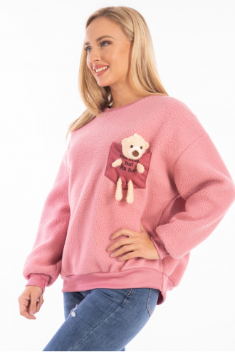 Дамски пуловер в розово от дебел полар с аксесоар мече на джоба