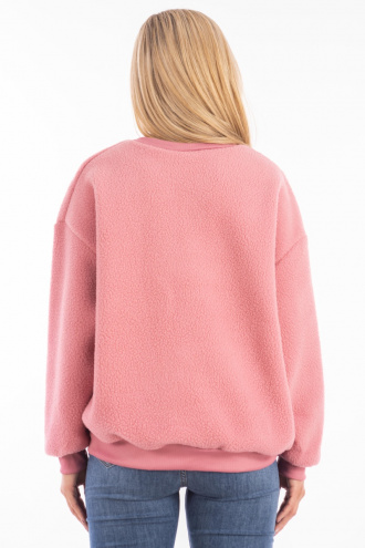 Дамски пуловер в розово от дебел полар с аксесоар мече на джоба