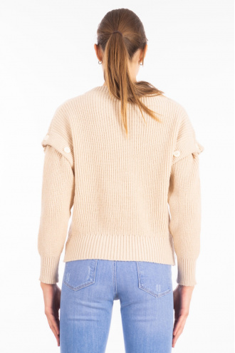 Дамски пуловер от едро плетиво в бежово със свалящи се ръкави