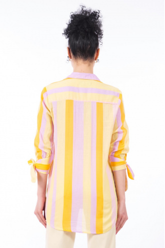 Дамска риза от фин памук с вертикално райе в жълто и розово