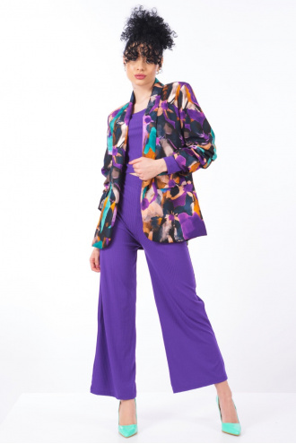 Дамско сако без закопчаване с акварелен принт в лилаво и тюркоаз