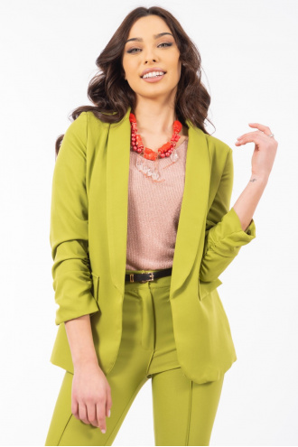Дамско издължено сако в зелено с набран ръкав
