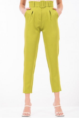 Дамски панталон с висока талия в зелено с широк колан