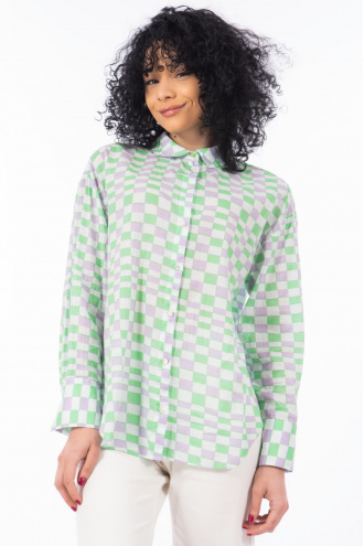 Дамска риза от памук с принт квадратчета в зелено и лилаво