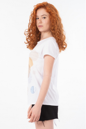 Дамска тениска от памук в бяло с щампа кръгове в златисто и сребристо