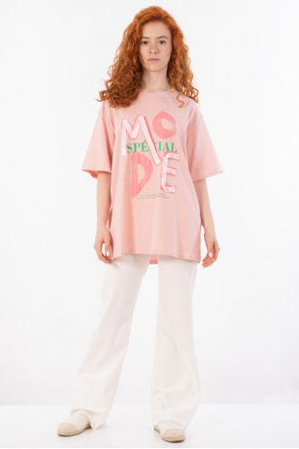 Дамска тениска в розово с щампа, надпис и панделка