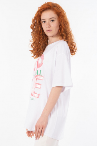 Дамска тениска в бяло с щампа, надпис и панделка