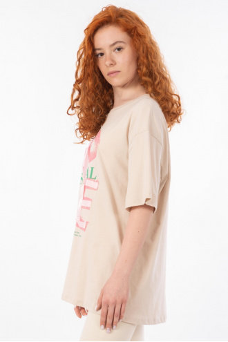Дамска тениска в бежово с щампа, надпис и панделка