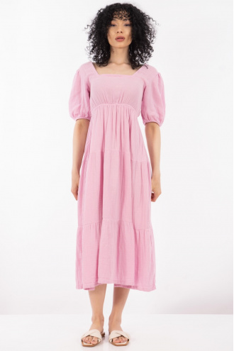 Дълга рокля от памук в розово с къс буфан ръкав