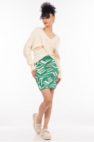 Къса плетена пола в зелено с бял геометричен принт