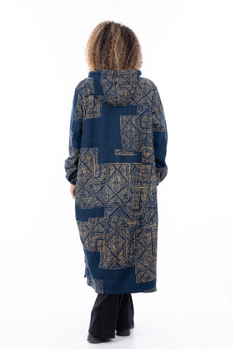 Дамско оувърсайз палто в тъмносиньо с геометричен принт