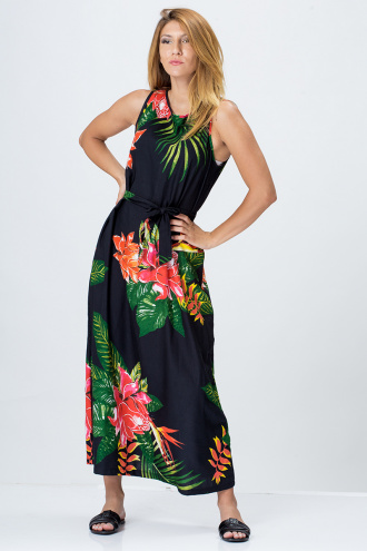 Дълга рокля в черно с десен тропически цветя и колан