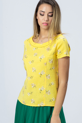 Дамска ленена блуза в жълто с цветя