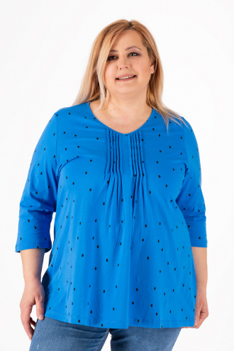 Макси памучна блуза в синьо на черни точки