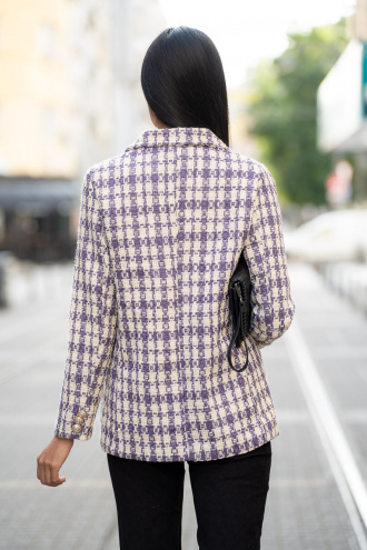 Дамско плетено сако с пепитен принт в лилаво и бяло