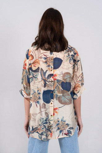 Дамска блуза от фина материя с принт цветя и листа в синьо и кафяво