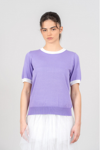 Дамска блуза от фино плетиво в лилаво с бял кант