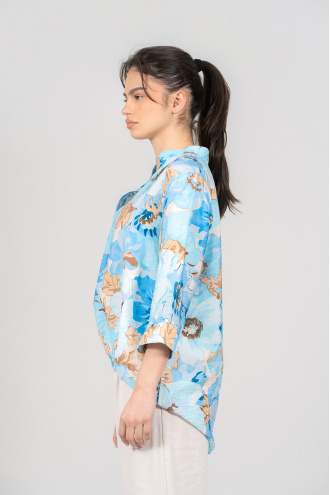 Дамска блуза с принт сини цветя и кафяви листа