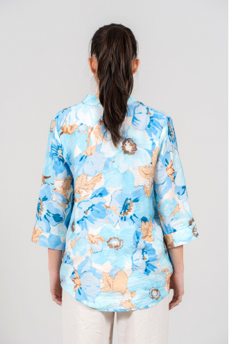 Дамска блуза с принт сини цветя и кафяви листа