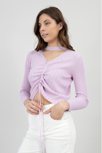 Дамска къса блуза с набор в лилаво