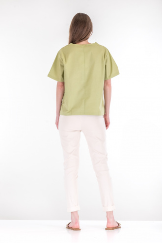 Дамска широка блуза от лен и памук в зелено с геометричен принт