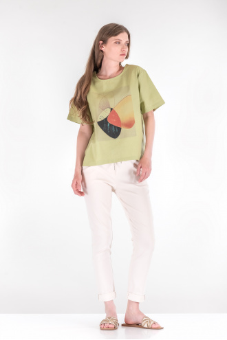 Дамска широка блуза от лен и памук в зелено с геометричен принт
