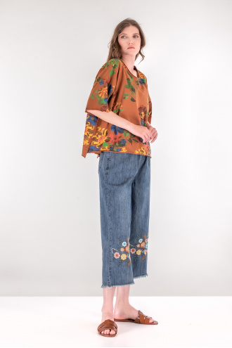 Дамска широка блуза от памук в оранжево с принт цветя