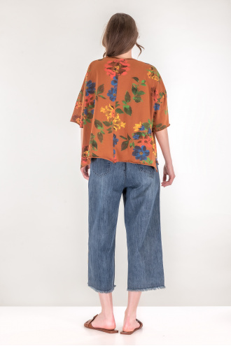 Дамска широка блуза от памук в оранжево с принт цветя