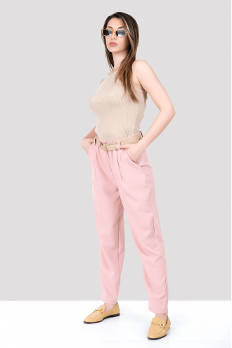 Дамски панталон в розово с басти и ластик в талията