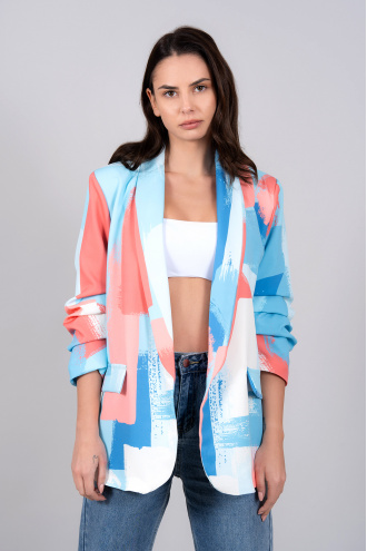 Дамско оувърсайз сако без закопчаване с пастелен принт в синьо, розово и бяло