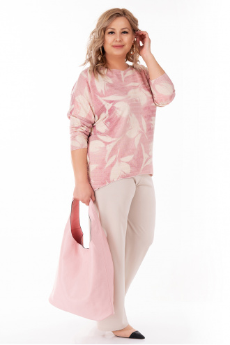 МАКСИ блуза от фино плетиво в розово с принт светли листа