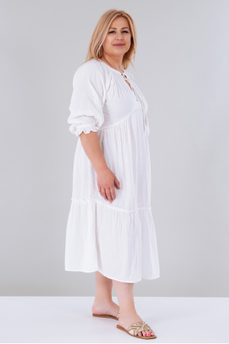 МАКСИ бяла рокля от памук в бяло със 7/8 ръкав с ластик