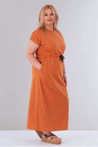 МАКСИ дълга рокля от памук в оранжево с връзки на талията
