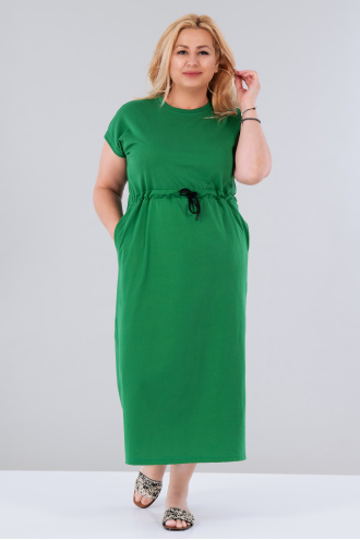 МАКСИ дълга рокля от памук в зелено с връзки на талията