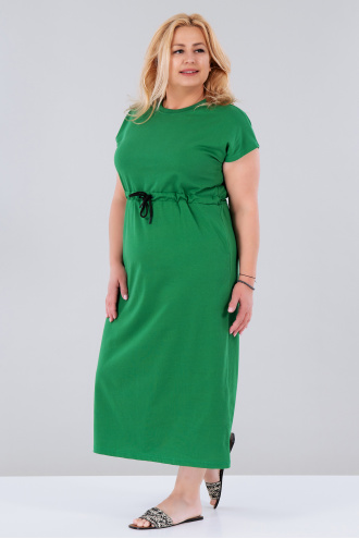 МАКСИ дълга рокля от памук в зелено с връзки на талията