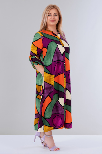 МАКСИ дълга рокля с геометричен принт в лилаво, зелено и оранжево