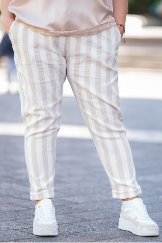МАКСИ панталон от памук в цвят екрю с бежово райе