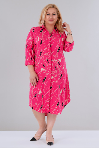 МАКСИ рокля тип риза в цикламено розово с принт линии